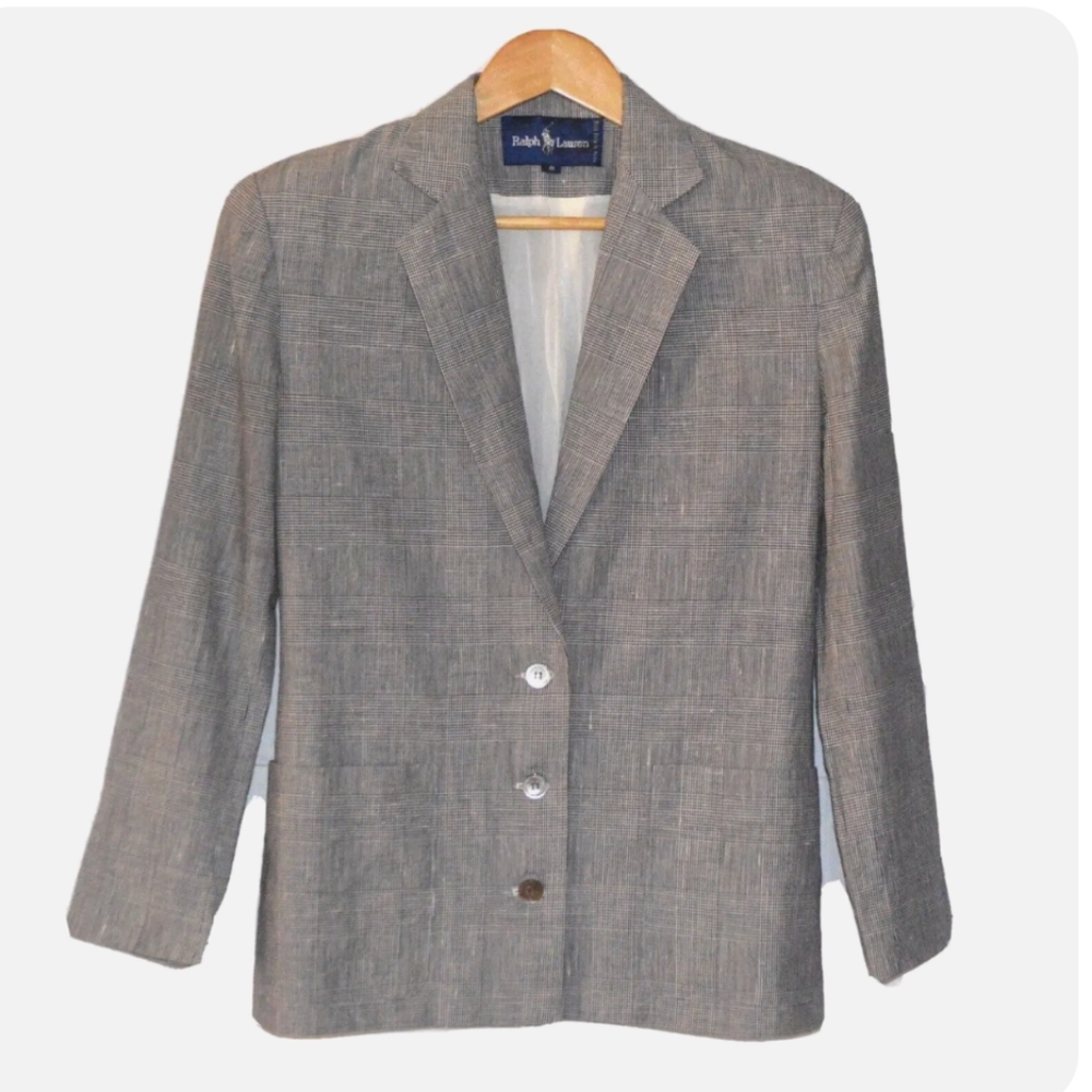 Vintage Ralph Lauren 80's Plaid Blazer Suit Jacket Black & White SZ 8 Linen